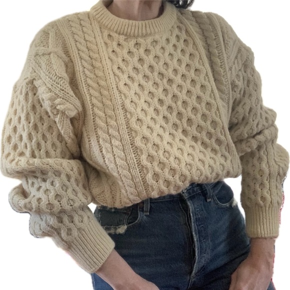 Vintage Pure New Wool Irish Fisherman Cable Knit Aran Crewneck Sweater Quills XL - Picture 10 of 10